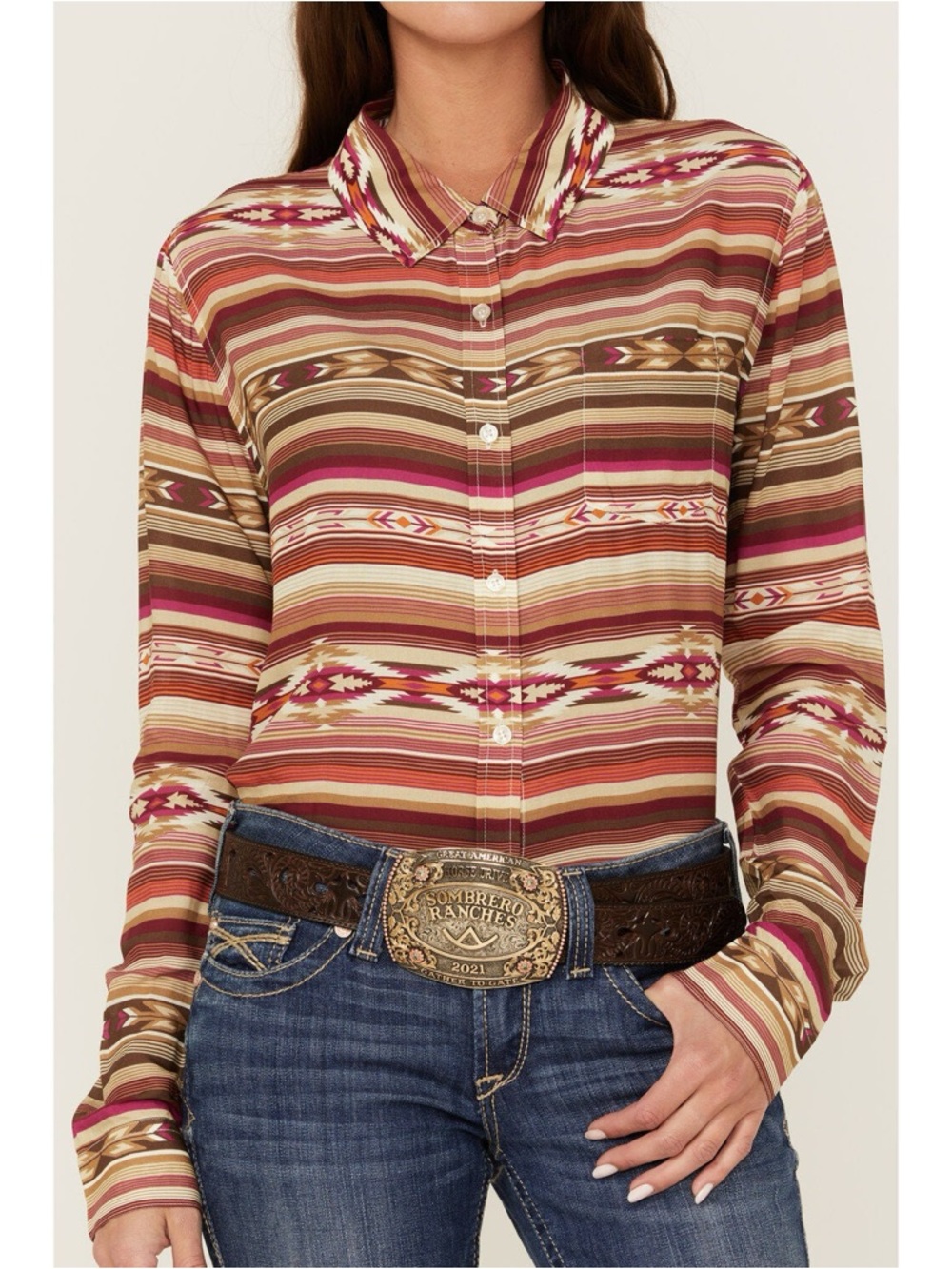 NWT Stetson Womens Serape Stripe Southwestern Button-Down Shirt Brown Pink Small